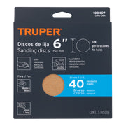 Paquete con 5 discos de lija 6' grano 40, ciegos, TRUPER