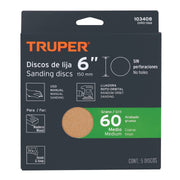 Paquete con 5 discos de lija 6' grano 60, ciegos, TRUPER