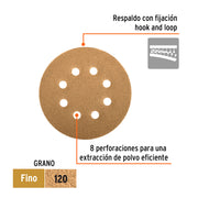 Paquete con 5 discos de lija 5' grano 120, 8 perforaciones