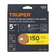 Paquete con 5 discos de lija 5' grano 150, 8 perforaciones