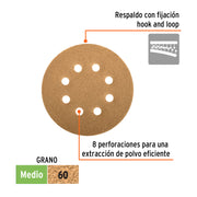 Paquete con 5 discos de lija 5' grano 60, 8 perforaciones