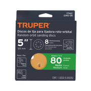 Paquete con 5 discos de lija 5' grano 80, 8 perforaciones