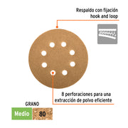 Paquete con 5 discos de lija 5' grano 80, 8 perforaciones
