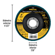 Disco laminado 4-1/2', grano 40 centro 7/8', fibra, PRETUL