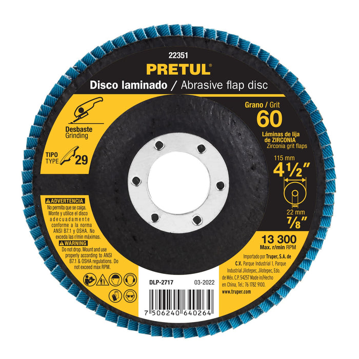 Disco laminado 4-1/2', grano 60 centro 7/8', fibra, PRETUL