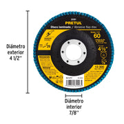 Disco laminado 4-1/2', grano 60 centro 7/8', fibra, PRETUL