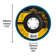 Disco laminado 4-1/2', grano 80 centro 7/8', fibra, PRETUL