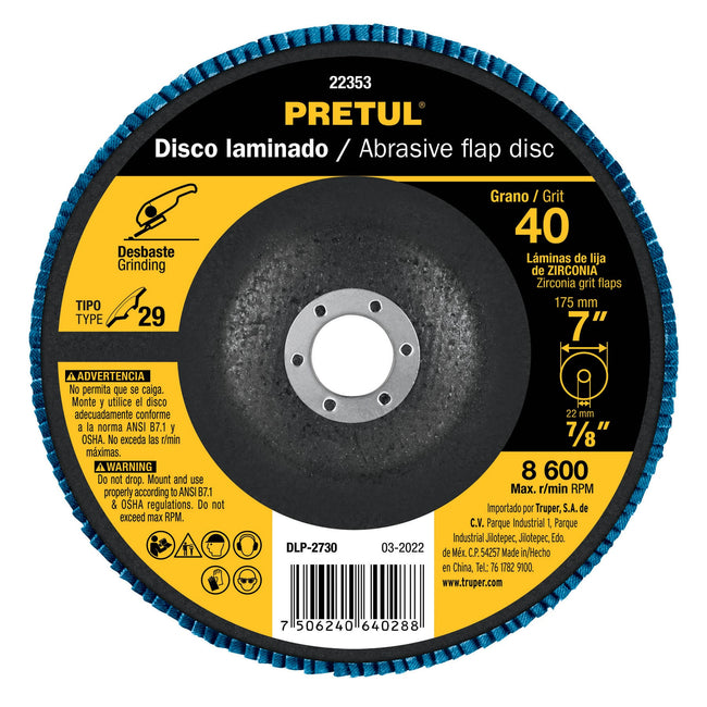 Disco laminado 7', grano 40 centro 7/8', fibra, PRETUL