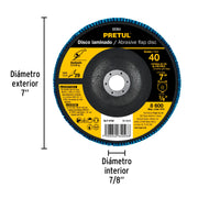 Disco laminado 7', grano 40 centro 7/8', fibra, PRETUL