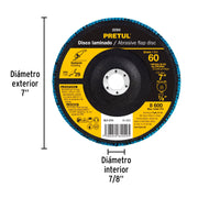 Disco laminado 7', grano 60 centro 7/8', fibra, PRETUL