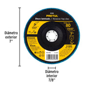 Disco laminado 7', grano 80 centro 7/8', fibra, PRETUL