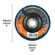 Disco laminado 4', grano 40 centro 5/8', fibra, TRUPER