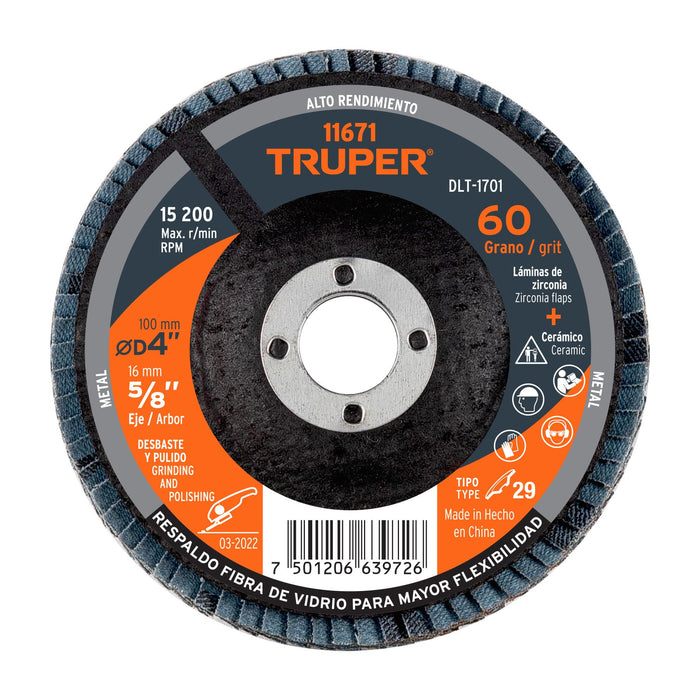 Disco laminado 4', grano 60 centro 5/8', fibra, TRUPER