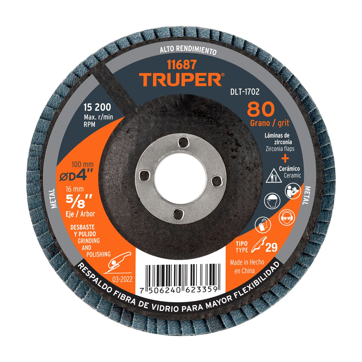 Disco laminado 4', grano 80 centro 5/8', fibra, TRUPER