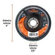 Disco laminado 4', grano 80 centro 5/8', fibra, TRUPER