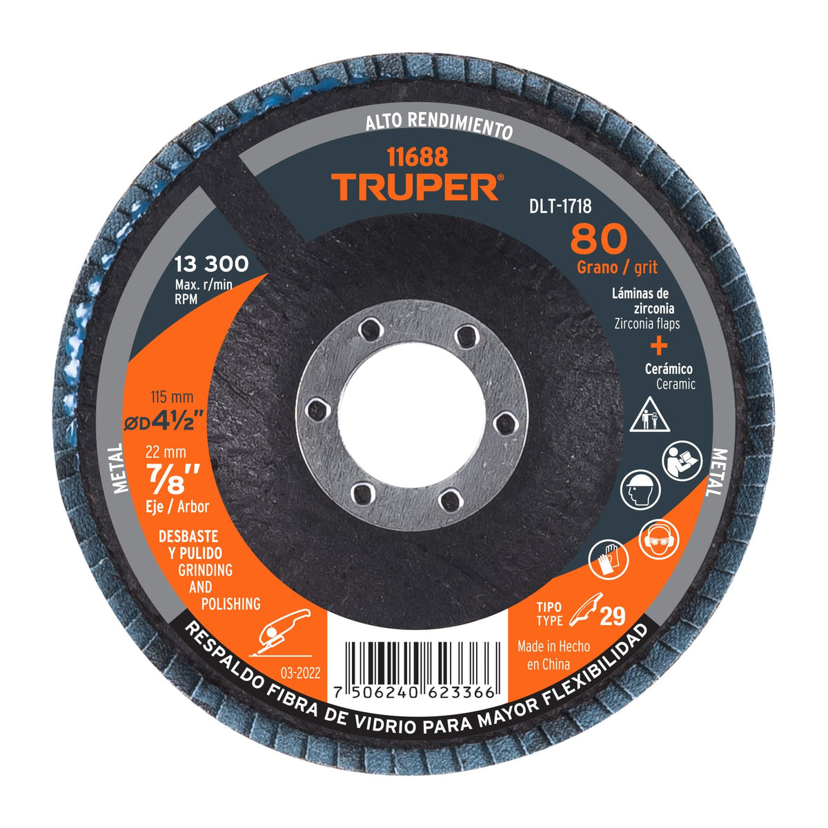 Disco laminado 4-1/2', grano 80 centro 7/8', fibra, TRUPER