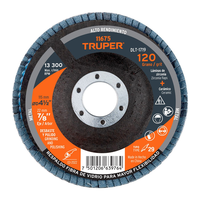 Disco laminado 4-1/2', grano 120 centro 7/8', fibra, TRUPER