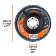 Disco laminado 4-1/2', grano 120 centro 7/8', fibra, TRUPER