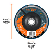 Disco laminado 7', grano 40 centro 7/8', fibra, TRUPER