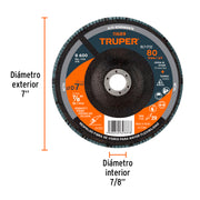 Disco laminado 7', grano 80 centro 7/8', fibra, TRUPER