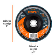 Disco laminado 7', grano 120 centro 7/8', fibra, TRUPER