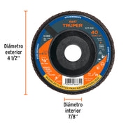 Disco laminado 4-1/2' grano 40 centro 7/8', plástico, TRUPER