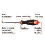 Desarmador plano 3/16' x 4' mango Comfort Grip, TRUPER