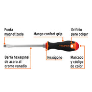 Desarmador plano 5/16' x 6' mango Comfort Grip, TRUPER