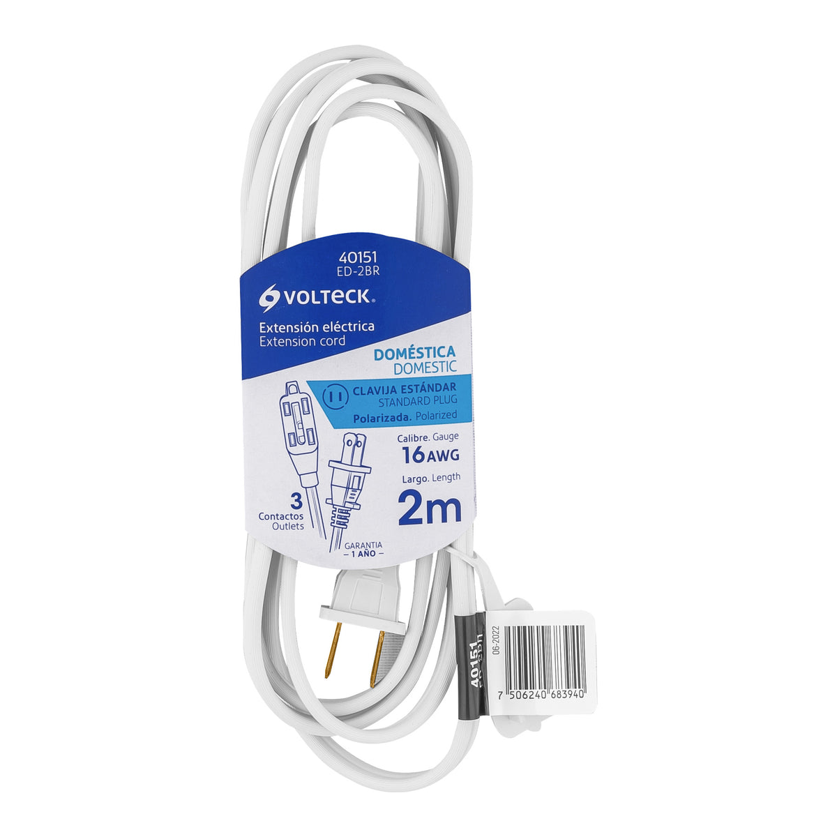 Extensión eléctrica doméstica 2 m clavija recta, blanca