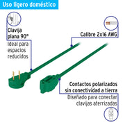 Extensión eléctrica doméstica 6 m clavija plana, verde