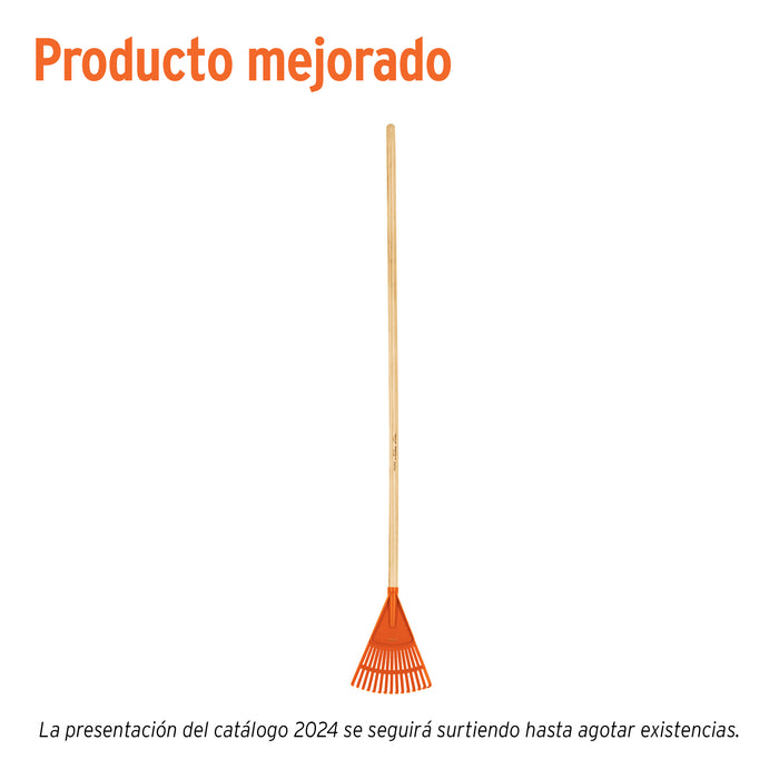 Escoba plástica para jardín, rígida, 15 dientes, mango 48'