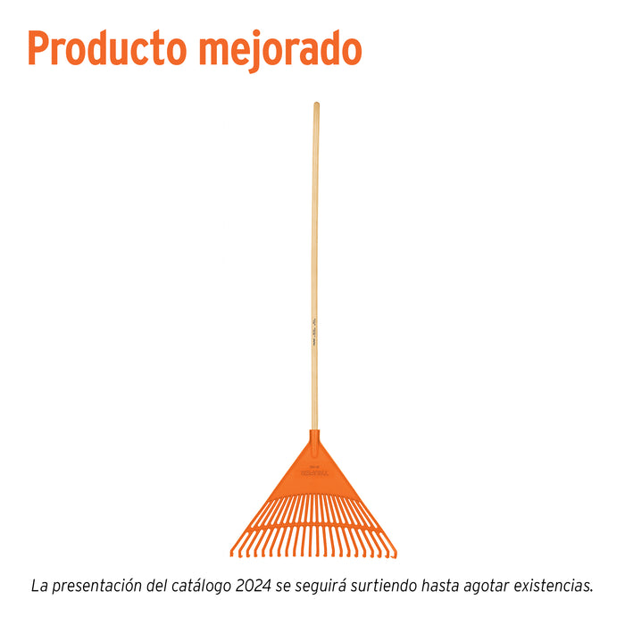 Escoba plástica para jardín, rígida, 22 dientes, mango 48'