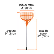 Escoba plástica para jardín, 39 dientes, mango de acero 60'