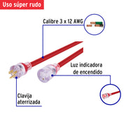 Extensión reforzada aterrizada 15 m 3x12 AWG, VOLTECK