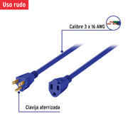Extensión de uso rudo aterrizada 4 m 3x16 AWG, VOLTECK