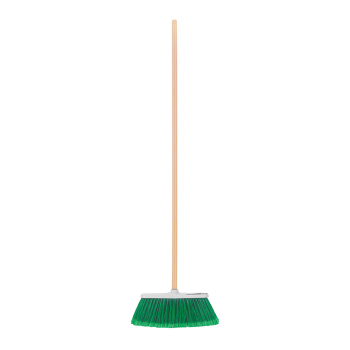 Escoba grande tipo cepillo, cerdas de PVC, bastón de madera