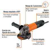 Esmeriladora angular 4-1/2', 800W, TRUPER PRO