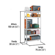 Estante metálico 5 repisas capacidad 35kg, 75x30x150, PRETUL