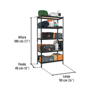 Estante metálico 5 repisas capacidad 60kg, 90x45x180, PRETUL