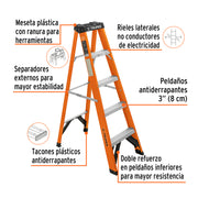 Escalera de tijera, tipo ll, 4 peldaños, fibra de vidrio