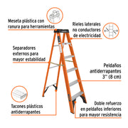 Escalera de tijera, tipo ll, 5 peldaños, fibra de vidrio