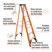 Escalera de tijera, tipo ll, 6 peldaños, fibra de vidrio