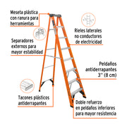 Escalera de tijera, tipo ll, 7 peldaños, fibra de vidrio