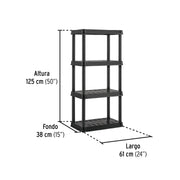 Estante plástico 4 repisas capacidad 45kg, 61x38x125, PRETUL