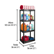 Estante plástico 4 repisas capacidad 27kg, 56x36x123, PRETUL