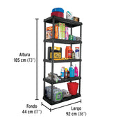 Estante plástico 5 repisas capacidad 35kg, 92x43x185, PRETUL