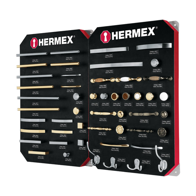 Exhibidor con jaladeras y perillas, 2 tableros, HERMEX