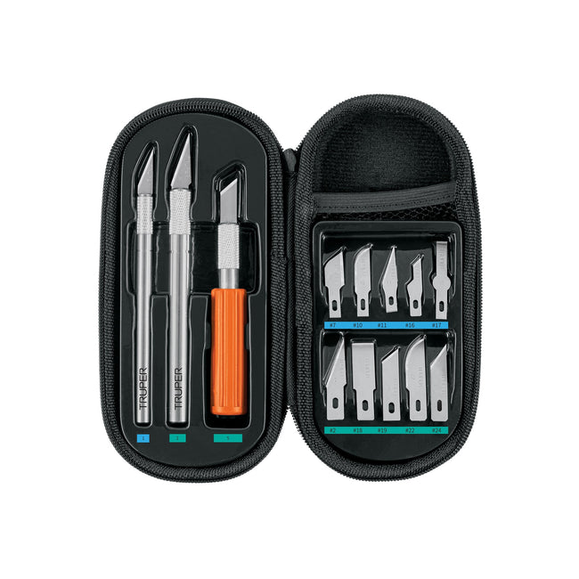 Juego de exactos profesional con 13 cuchillas,estuche,TRUPER