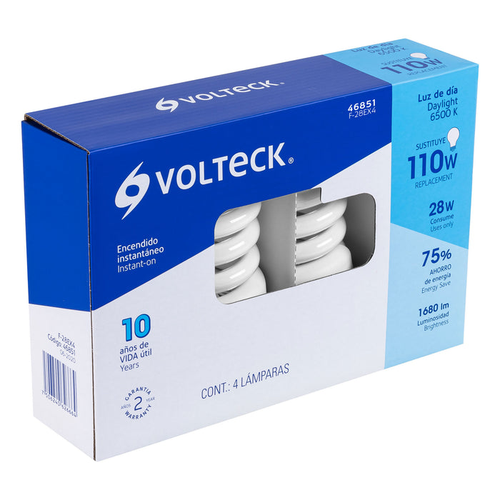 Pack 4 lámparas espiral T4 28 W luz de día, caja, VOLTECK