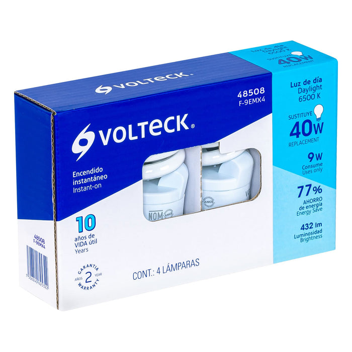 Pack de 4 lámparas espiral mini T2 9 W luz de día, en caja